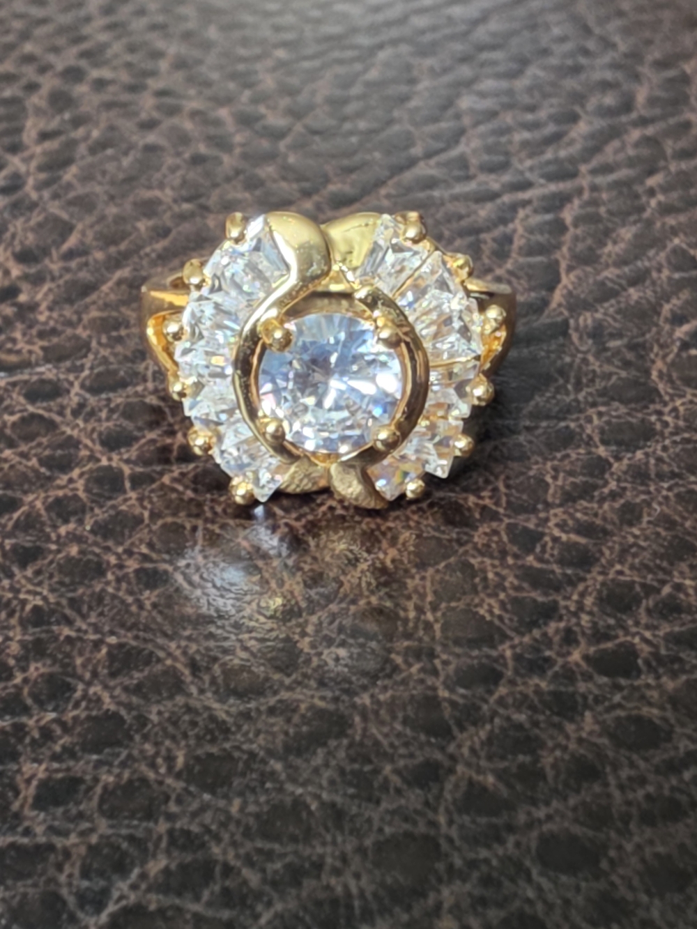Gold Plated Over Brass White Crystal Swirl Halo Ring Size 7
